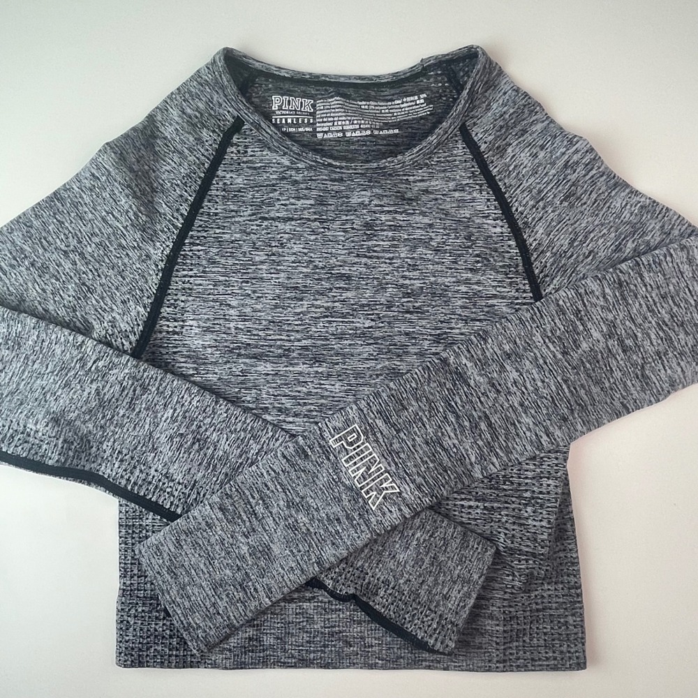 PINK Victoria's Secret Seamless Long Sleeve Crop Top Grey Marled Thumbholes XS‎